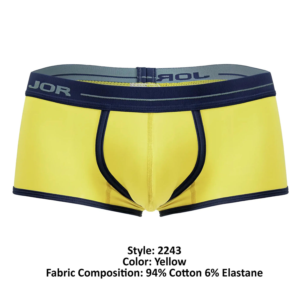 Bright yellow jor 2243 astra men’s briefs with navy blue trim and elastic waistband for comfortable fit