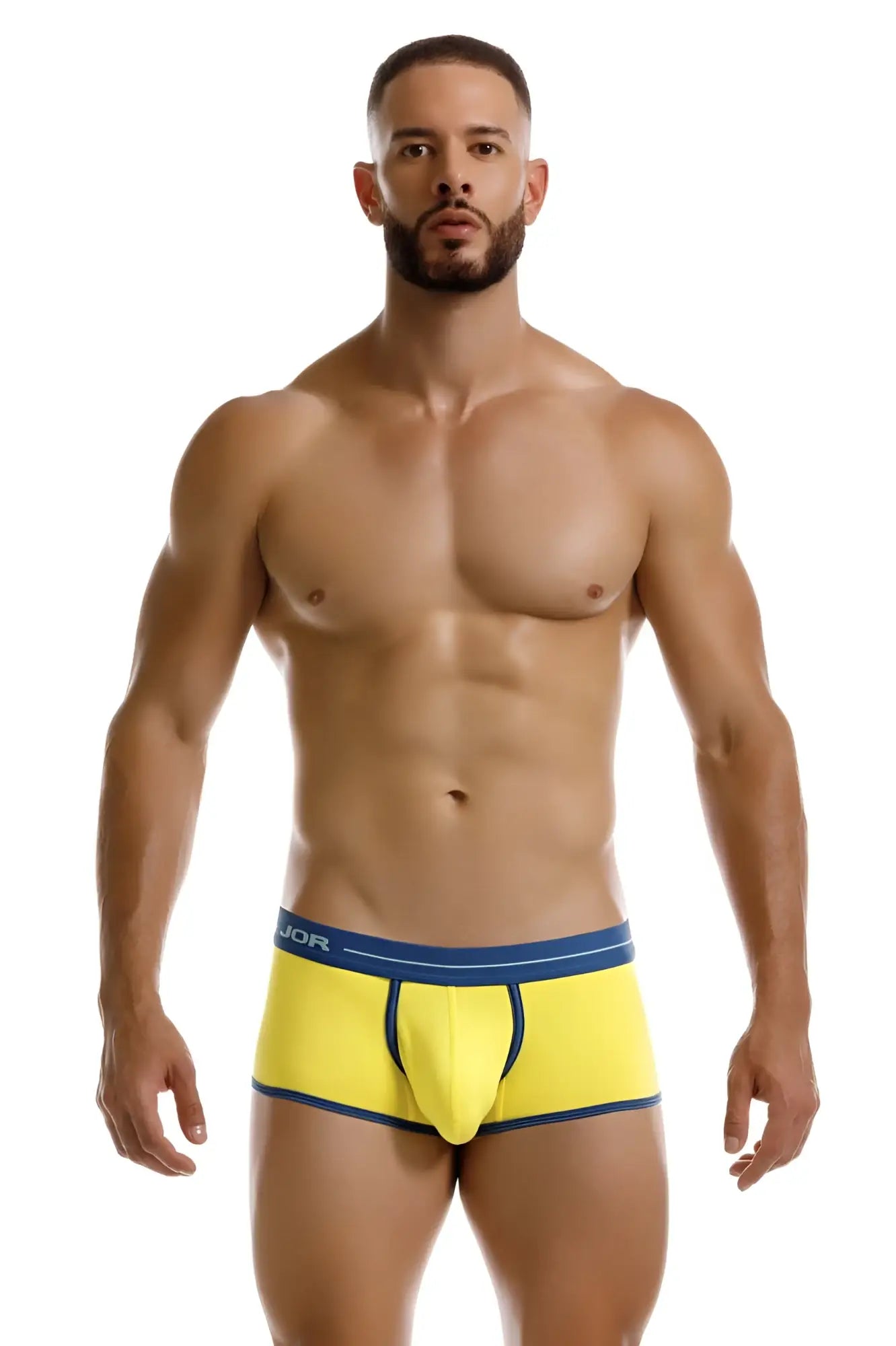 Bright yellow jor 2243 astra trunks men’s briefs with navy trim and matching waistband logo in breathable fabric