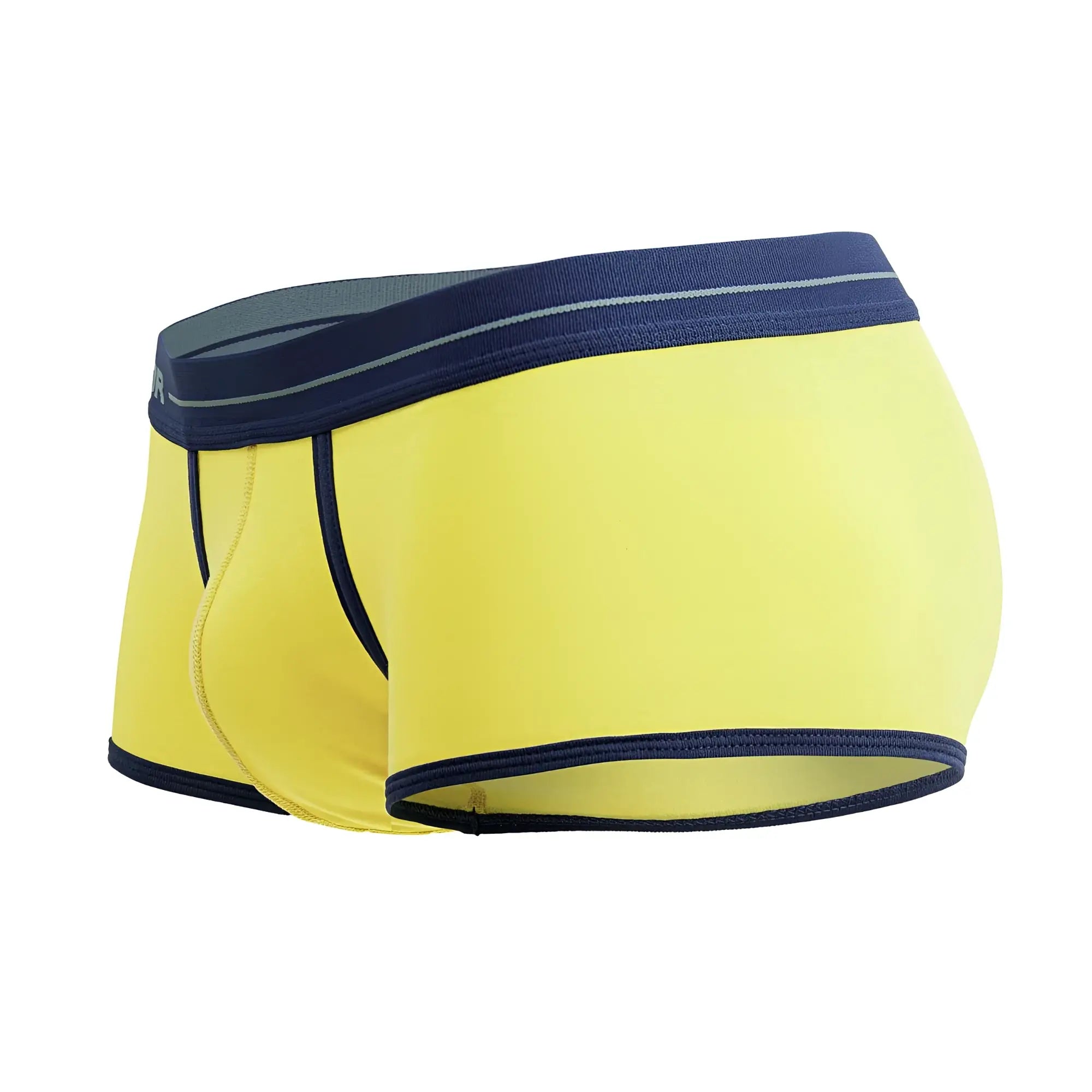 Bright yellow jor 2243 Astra trunks briefs with navy blue trim and subtle gray stripe along the waistband