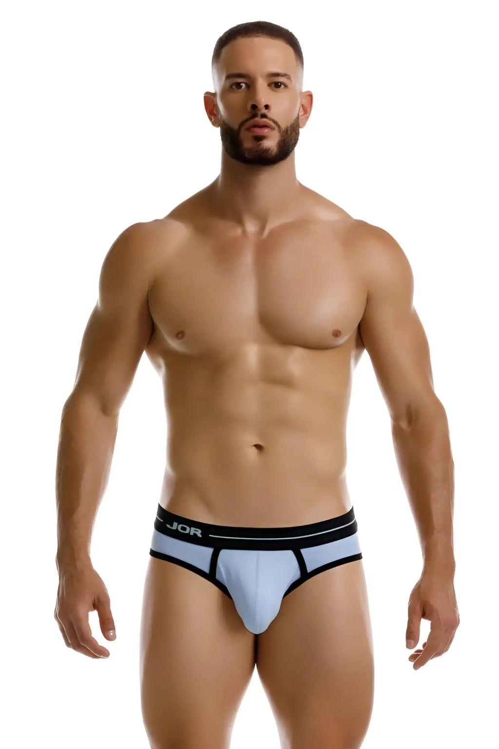 Light blue jor 2244 astra briefs with black trim and branded waistband made from soft breathable fabric