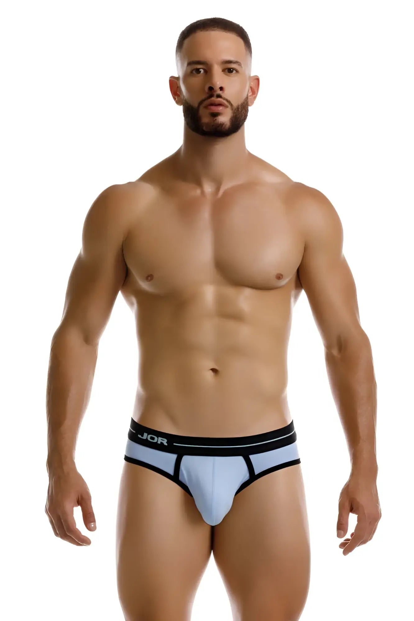 Light blue jor 2244 astra briefs with black trim and branded waistband made from soft breathable fabric