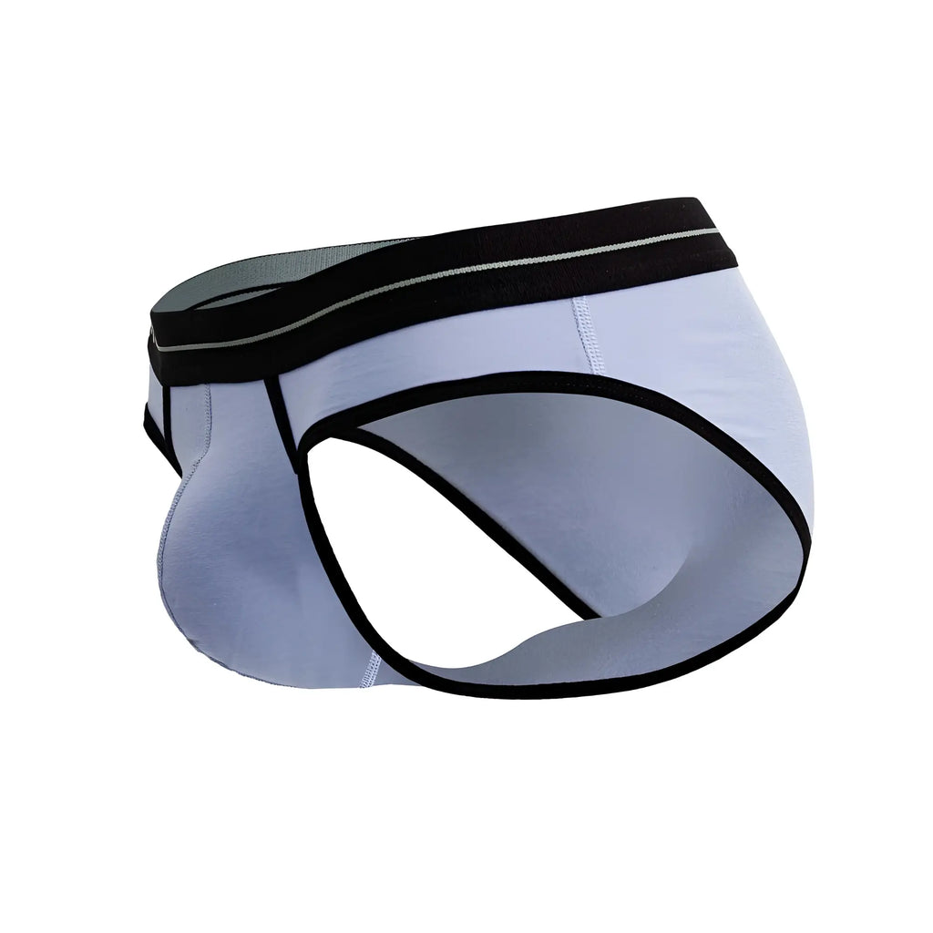 Light gray jor 2244 astra men’s briefs with black trim and subtle silver stripe on waistband in blue color