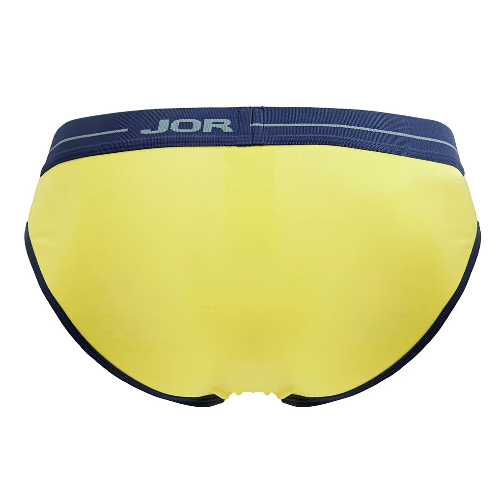 Bright yellow jor 2244 astra men’s briefs with navy blue waistband and trim made from soft breathable fabric