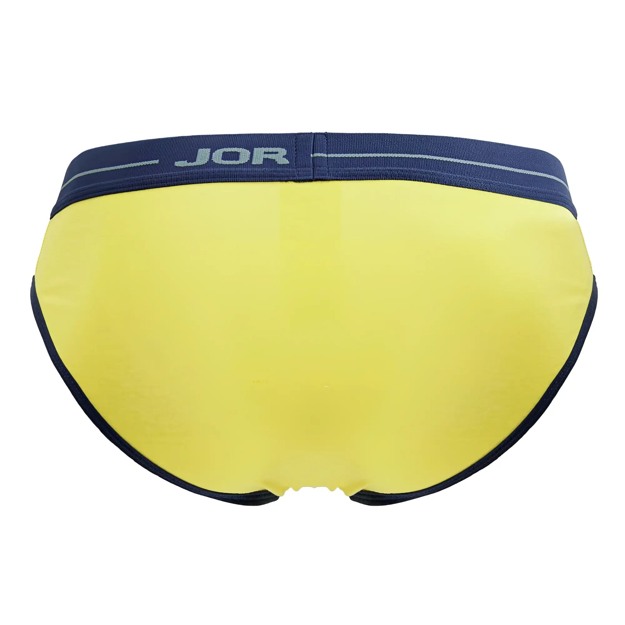 Bright yellow jor 2244 astra men’s briefs with navy blue waistband and trim made from soft breathable fabric