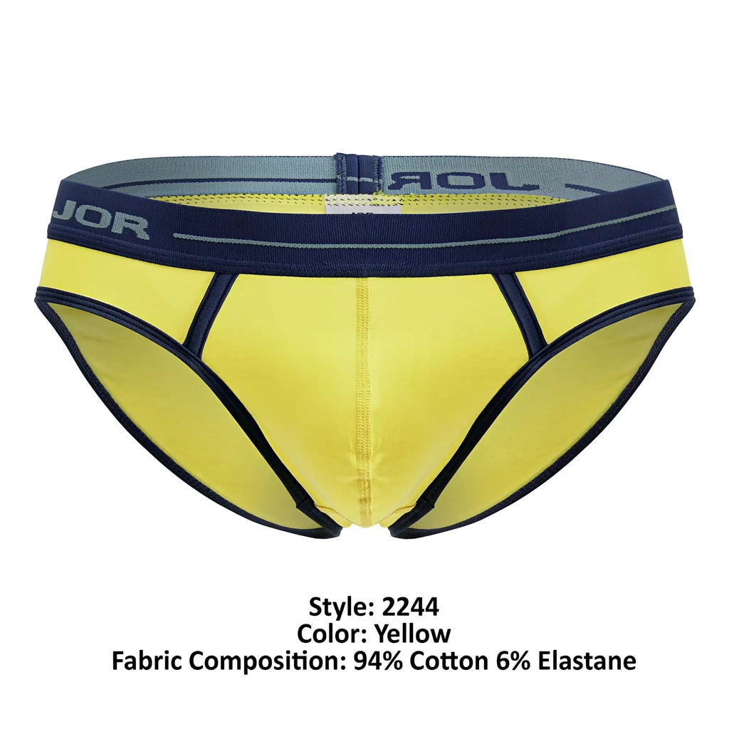 Bright yellow jor 2244 astra brief with navy blue trim and gray elastic waistband featuring jor logo