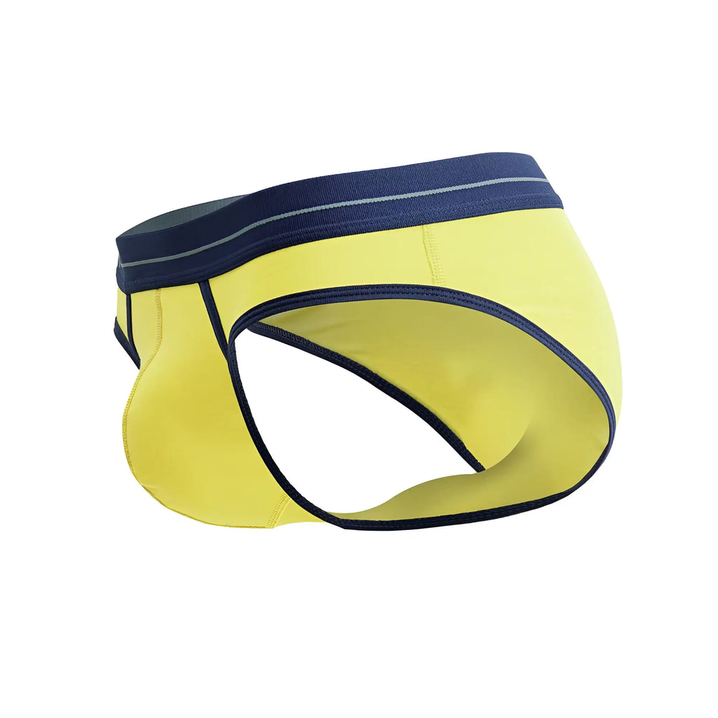 Bright yellow jor 2244 astra men’s briefs with navy blue waistband and trim designed for comfortable wear