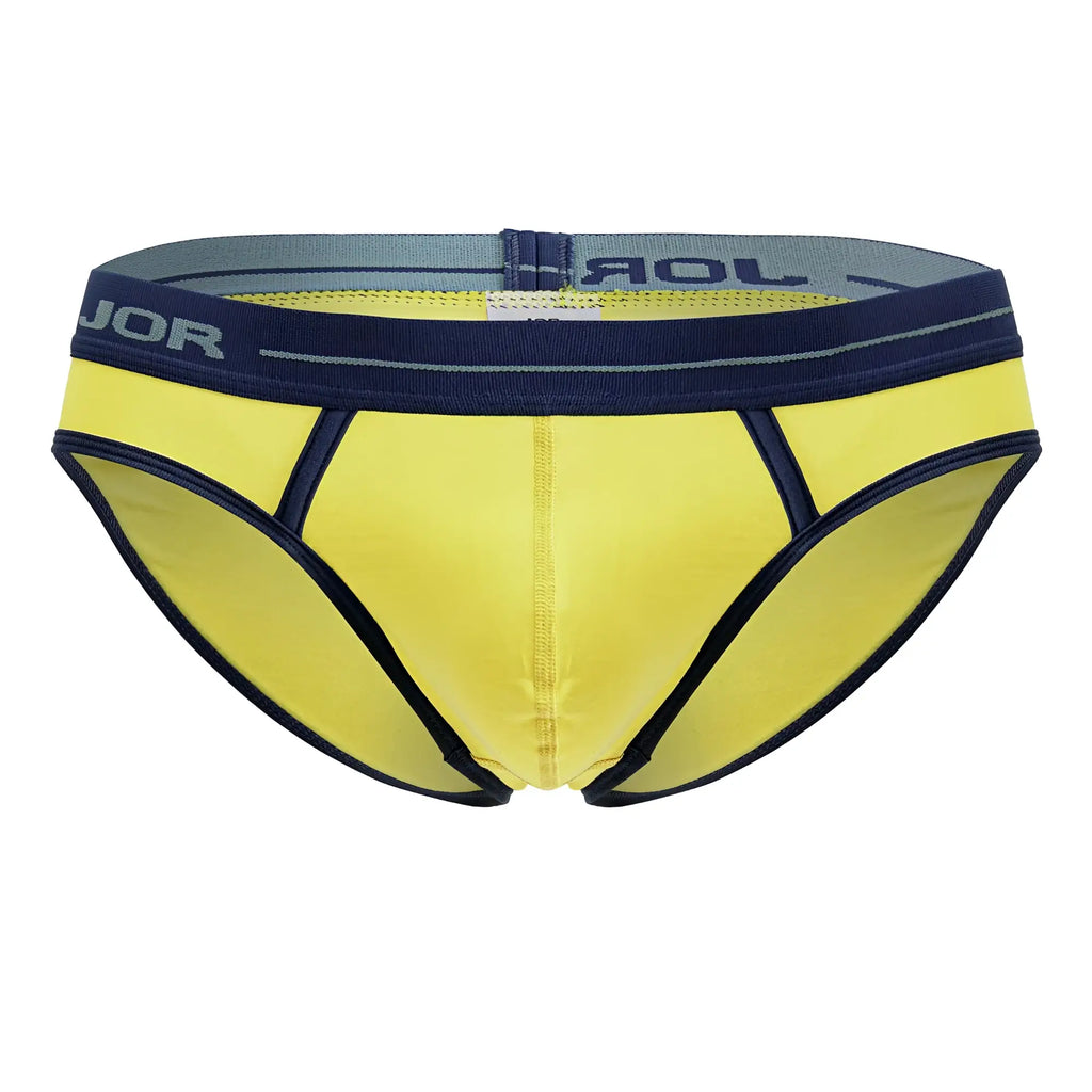 Bright yellow jor 2244 astra briefs for men with navy blue trim and gray elastic waistband featuring the jor logo