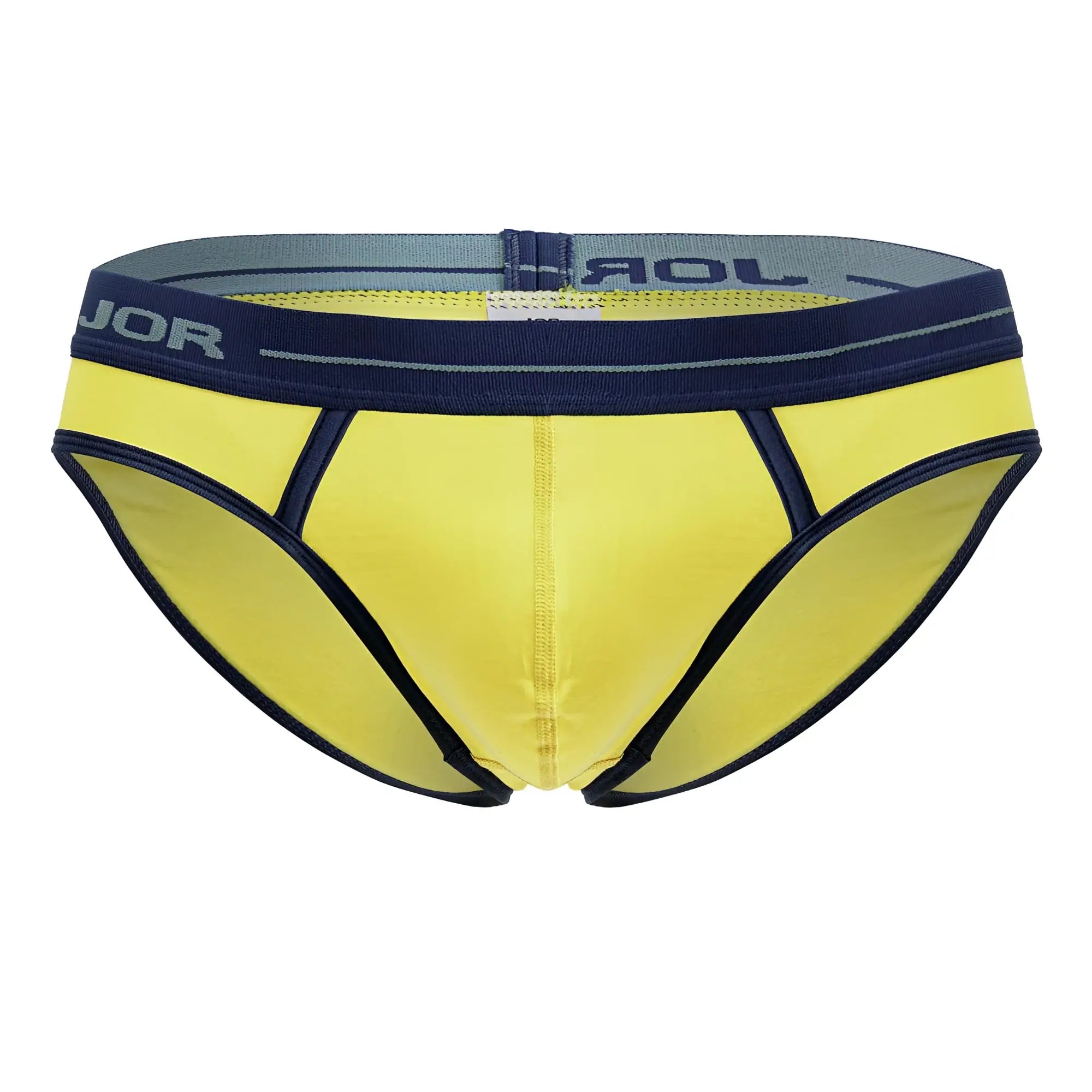 Bright yellow jor 2244 astra briefs for men with navy blue trim and gray elastic waistband featuring the jor logo