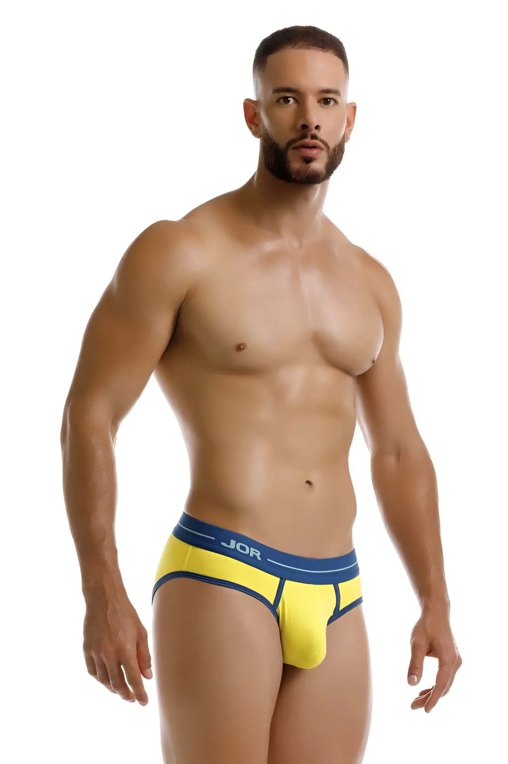 Bright yellow jor 2244 astra briefs with navy blue waistband and jor brand logo for comfortable everyday wear