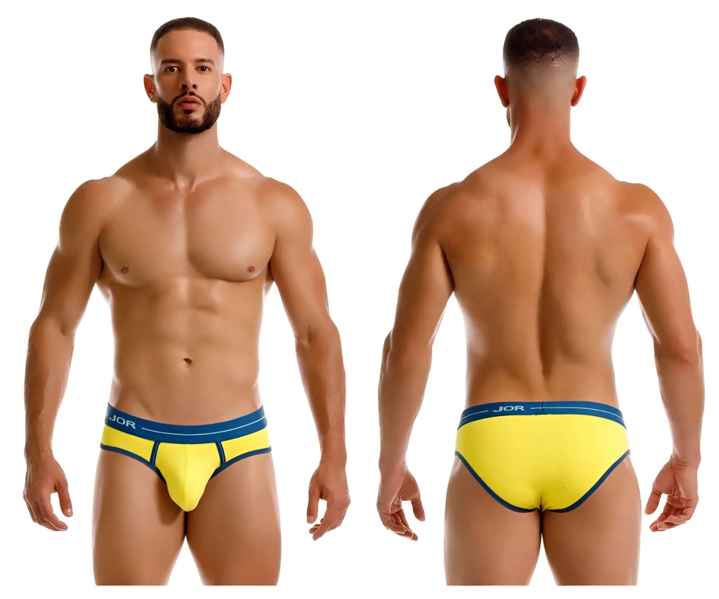 Vibrant yellow jor 2244 astra briefs with navy blue waistband and trim in a comfortable brief design