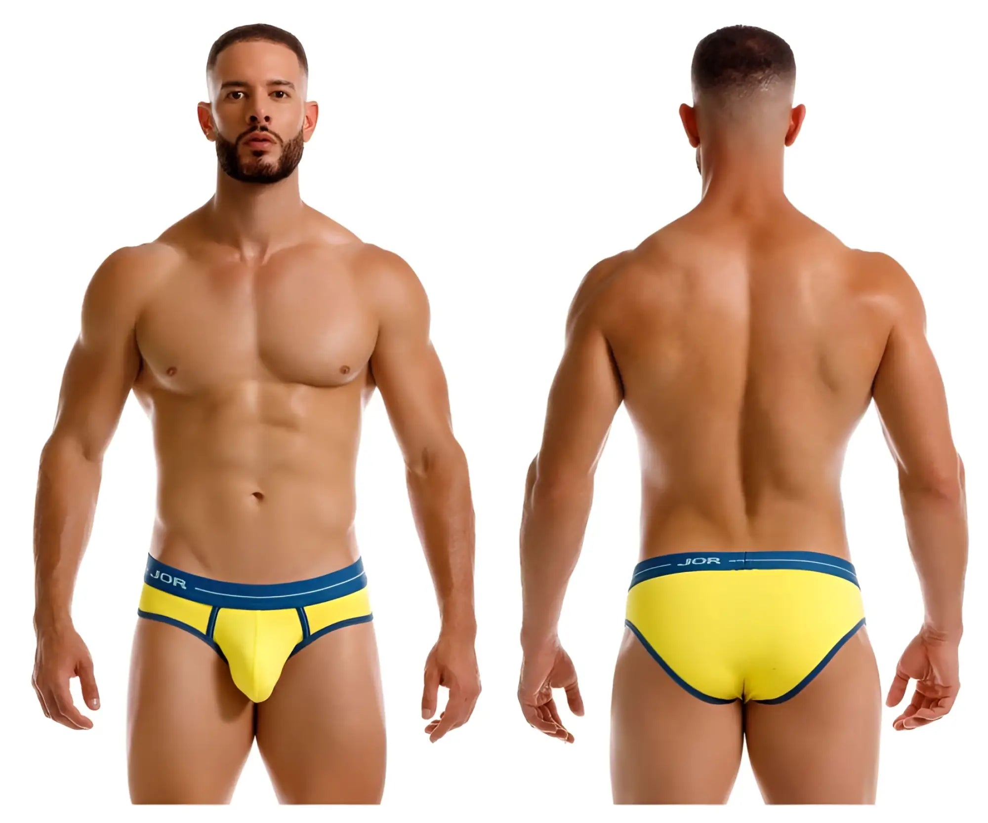 Vibrant yellow jor 2244 astra briefs with navy blue waistband and trim in a comfortable brief design