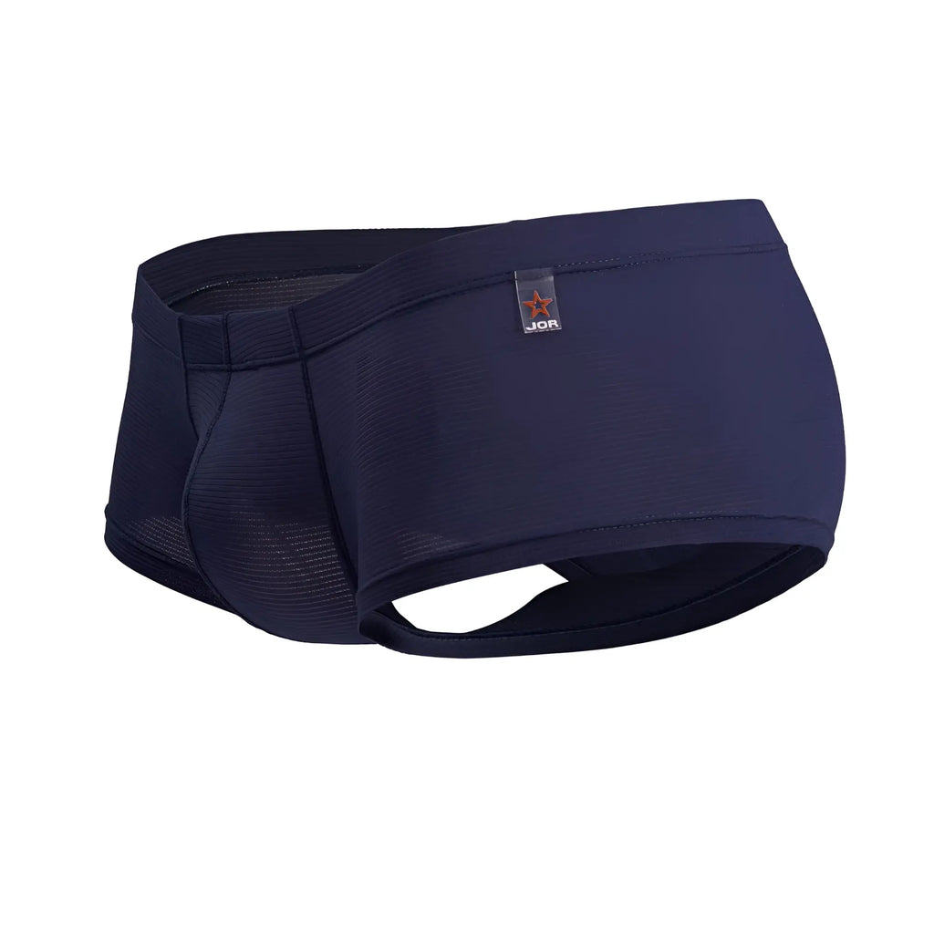 Navy blue jor 2246 cosmo trunks men’s briefs with textured fabric and mesh paneling front view