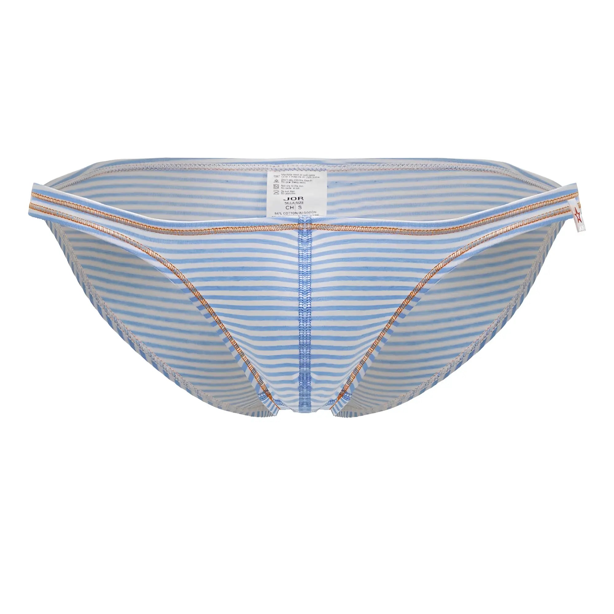 Men’s jor 2249 sour bikini briefs in light blue and white stripes with gold toned trim for comfortable wear