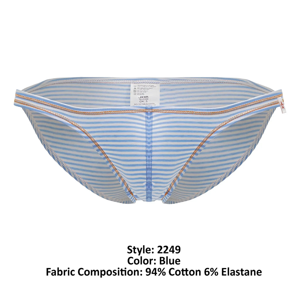 Blue striped men’s briefs JOR 2249 sour bikini with light blue white stripes and metallic trim on waistband and legs