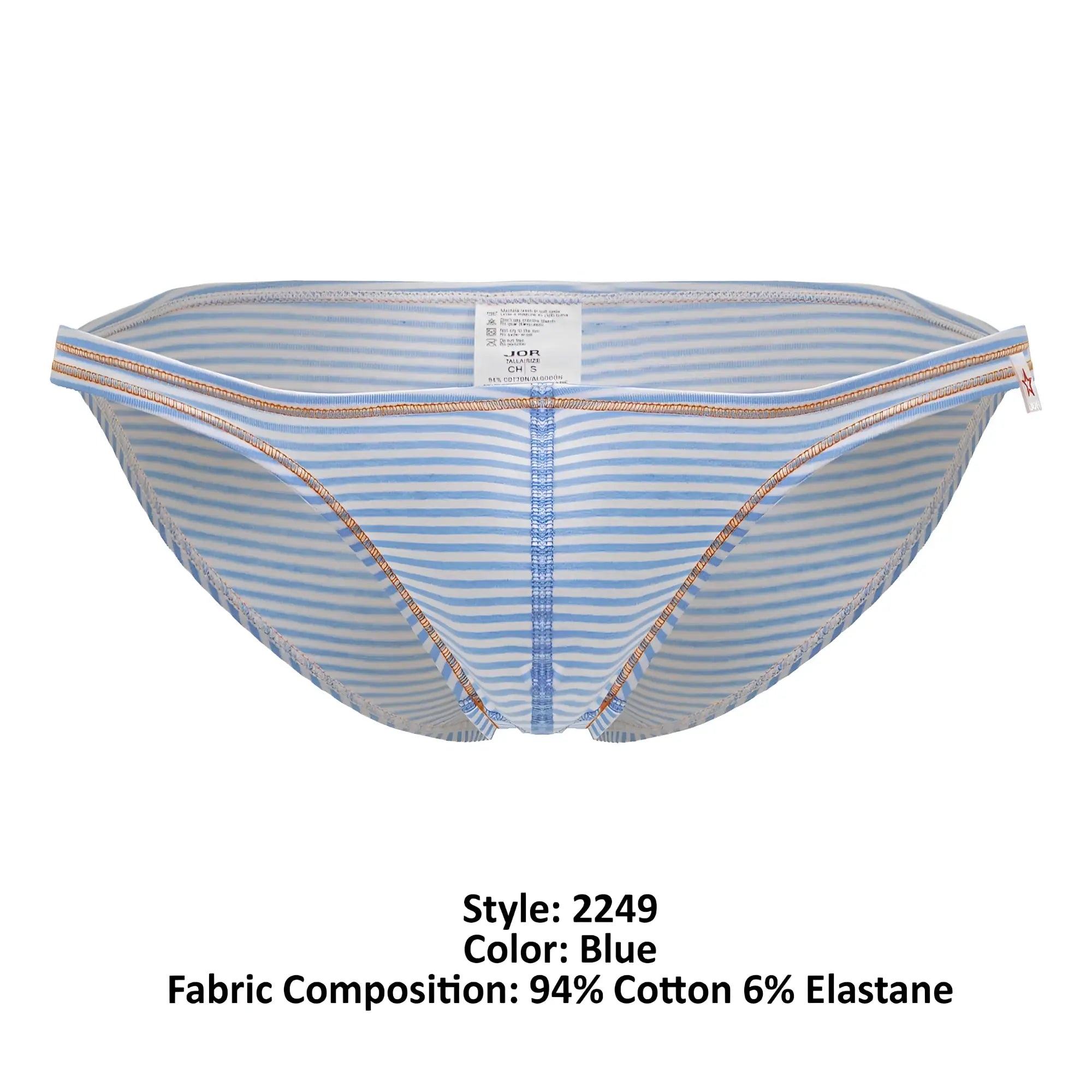 Blue striped men’s briefs JOR 2249 sour bikini with light blue white stripes and metallic trim on waistband and legs