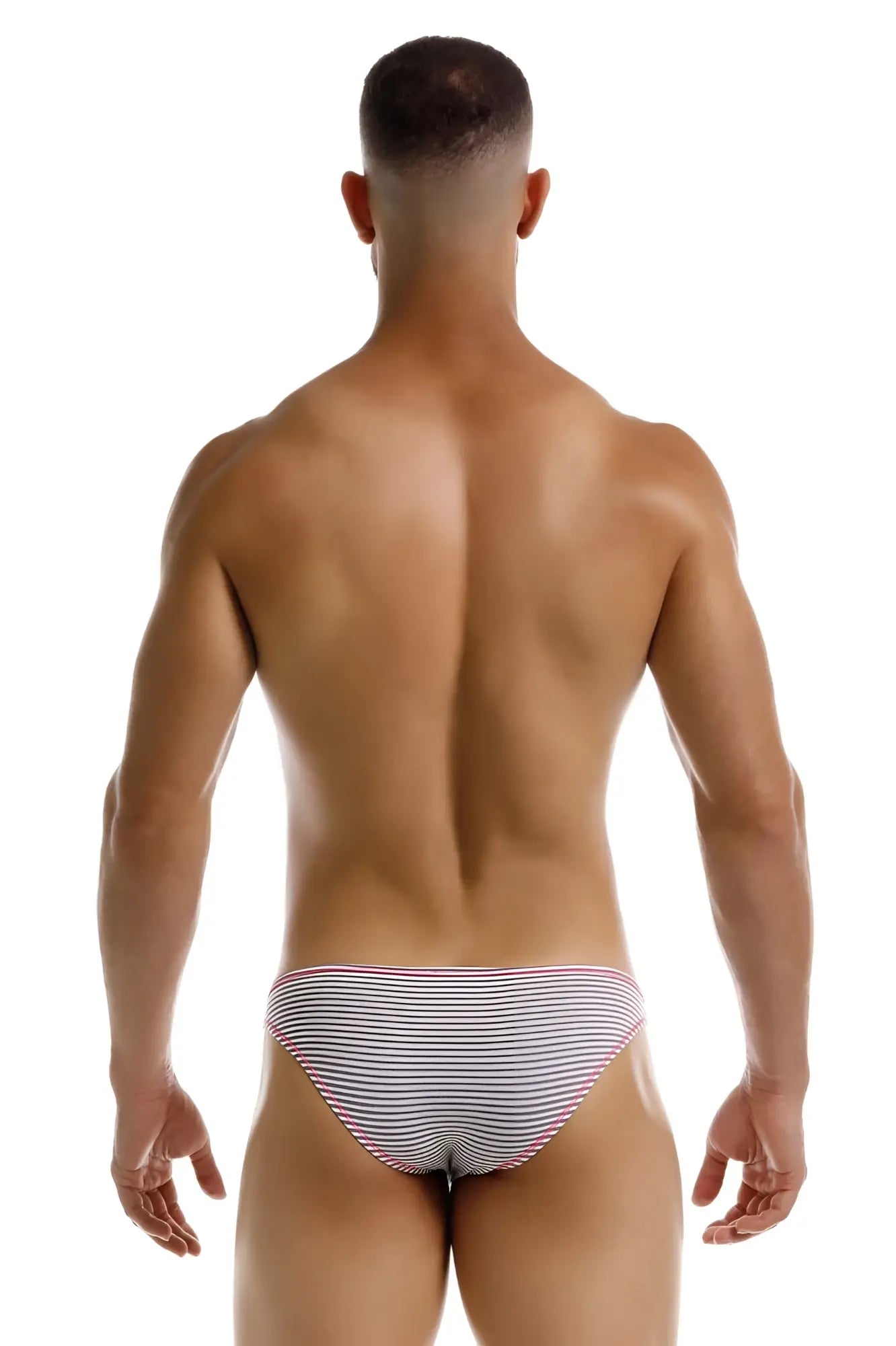 Striped briefs jor 2249 sour bikini in gray with thin white and gray lines and pink waistband trim