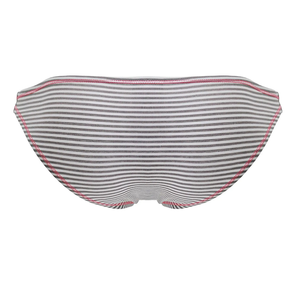 Gray and white striped bikini bottom jor 2249 sour bikini with pink stitching along edges shown from the back side