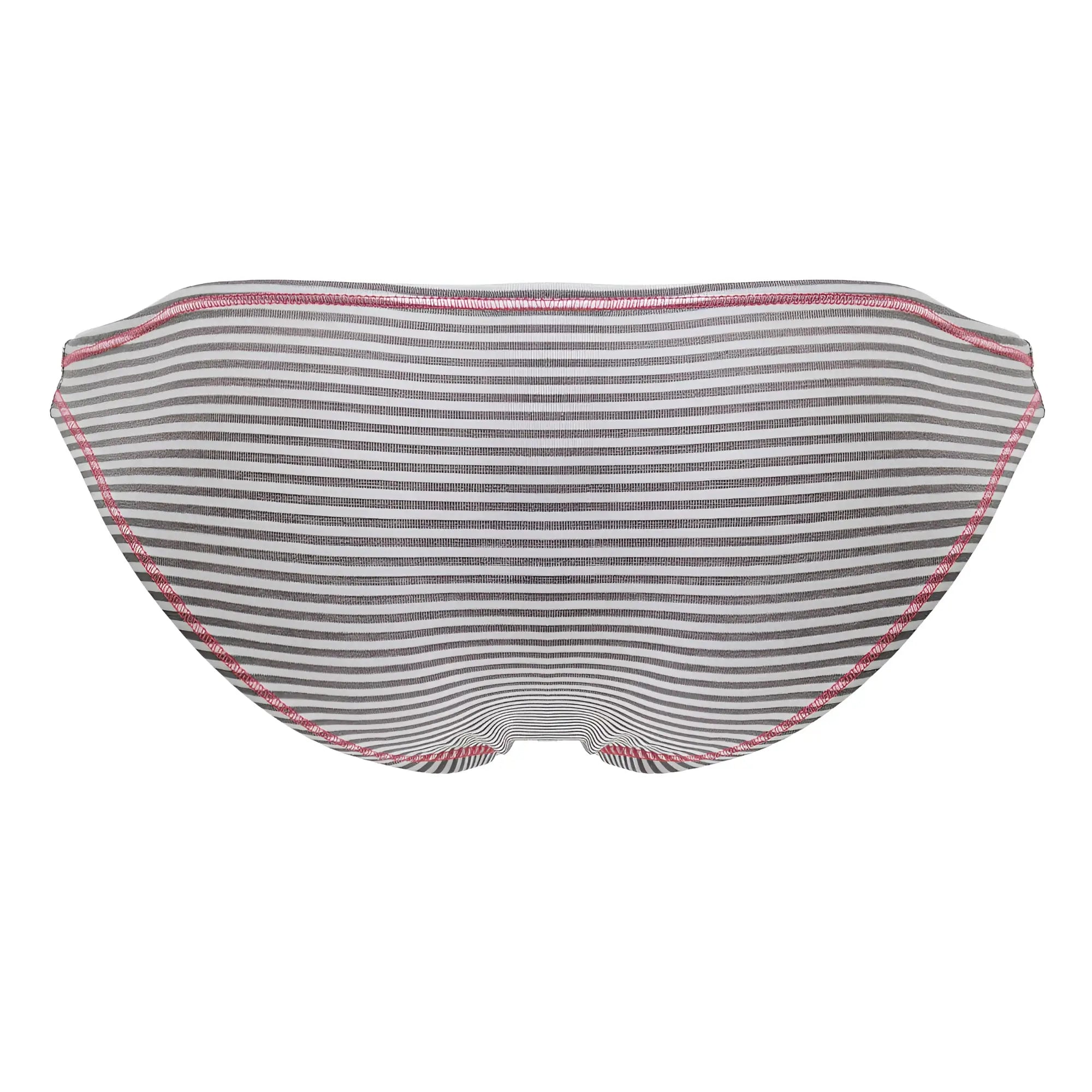 Gray and white striped bikini bottom jor 2249 sour bikini with pink stitching along edges shown from the back side