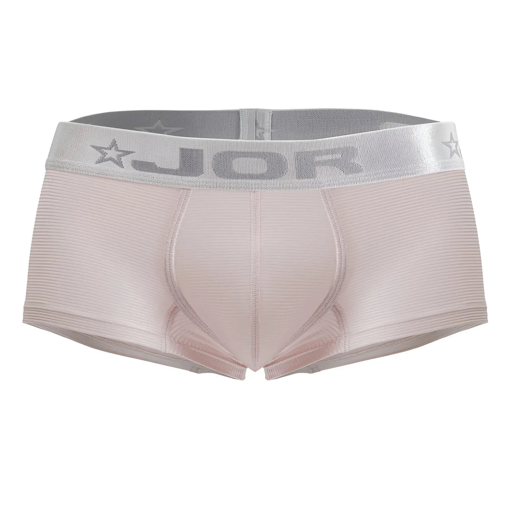 Light pink ribbed men’s briefs with gray elastic waistband featuring jor brand name and star motifs jor 2251 bright trunks