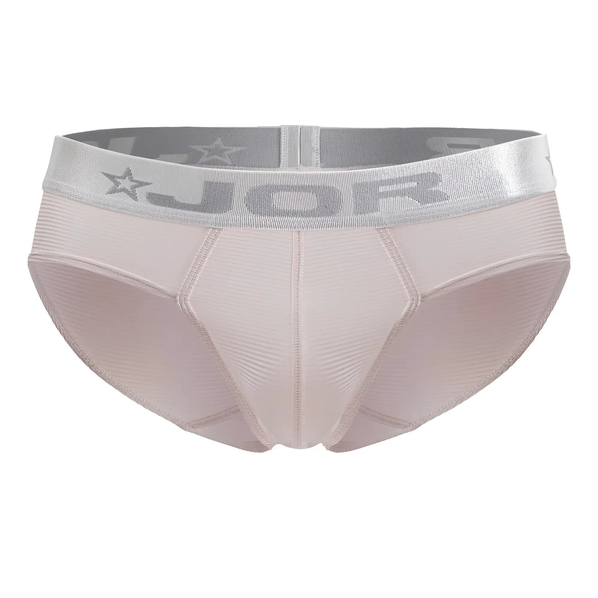 Beige jor men’s briefs with a silver waistband featuring the logo and star motifs from jor 2252 bright briefs pink collection
