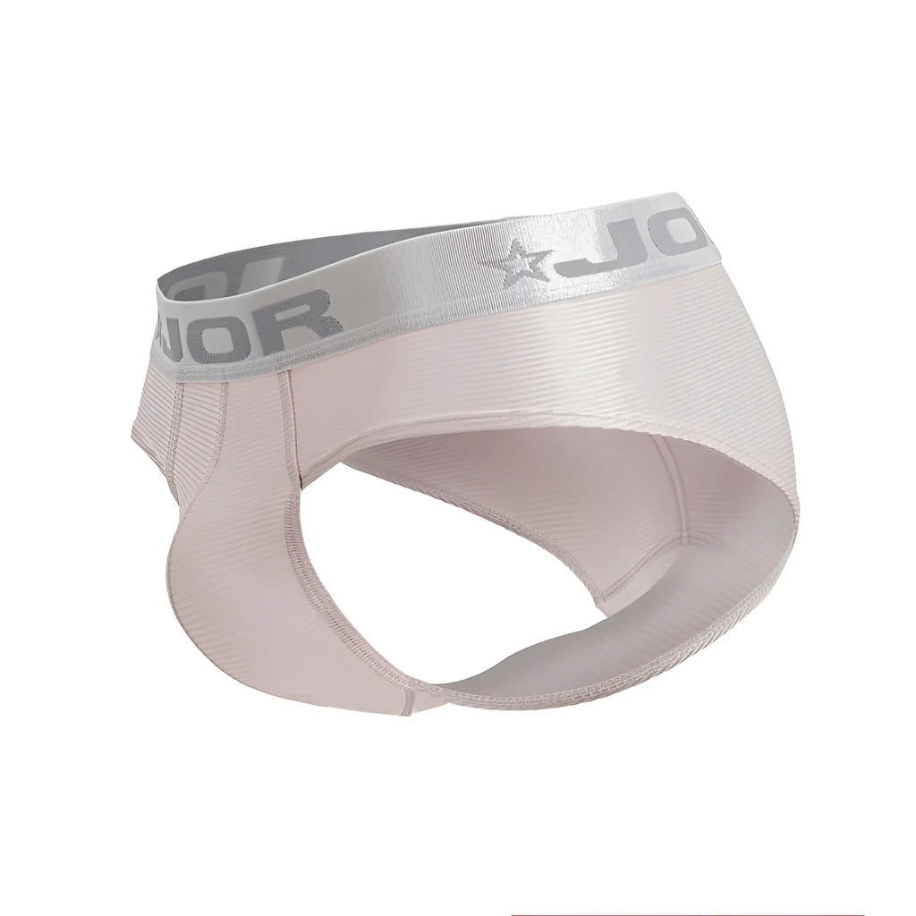 A light pink ribbed fabric brief with a silver elastic waistband featuring the jor brand name and star logo