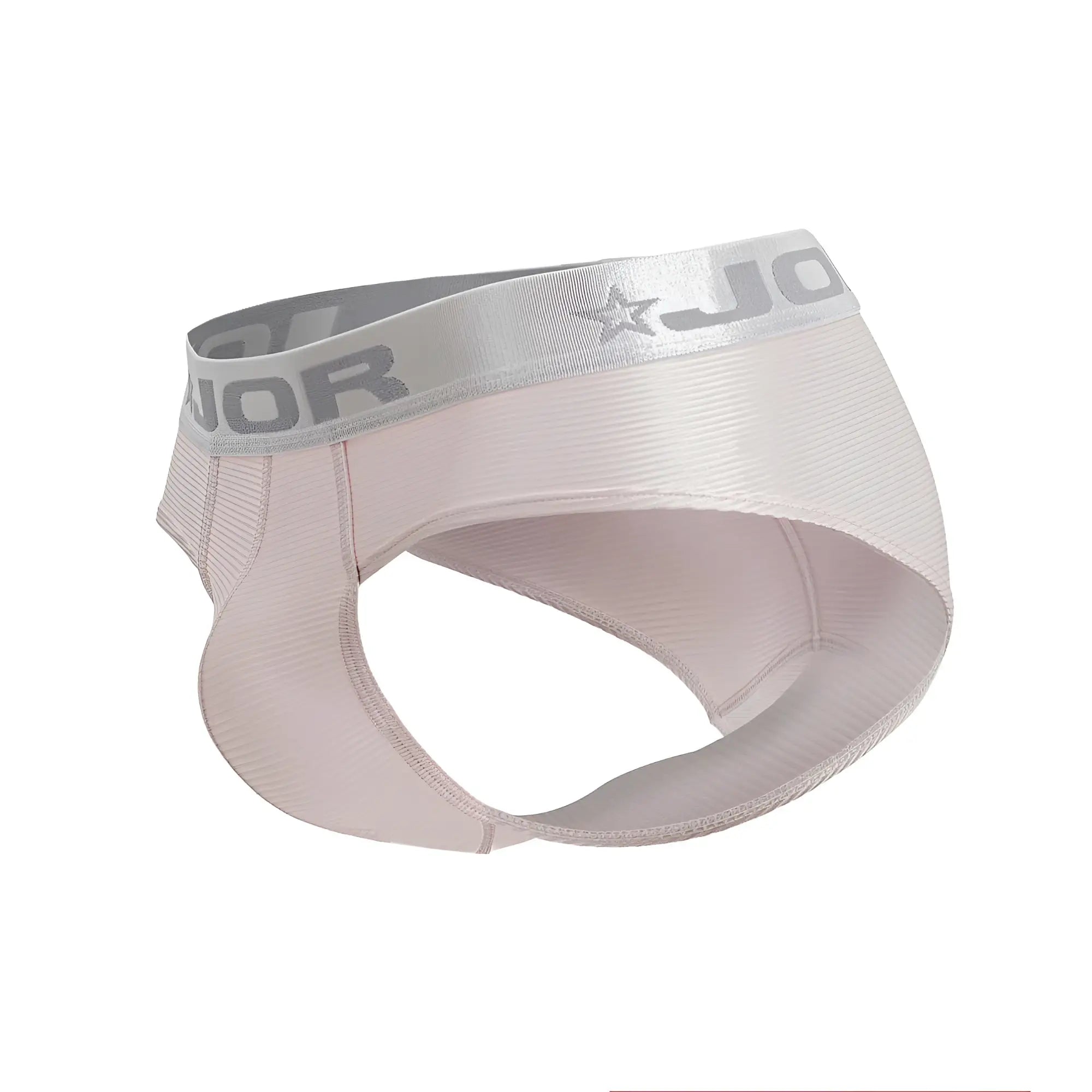 A light pink ribbed fabric brief with a silver elastic waistband featuring the jor brand name and star logo