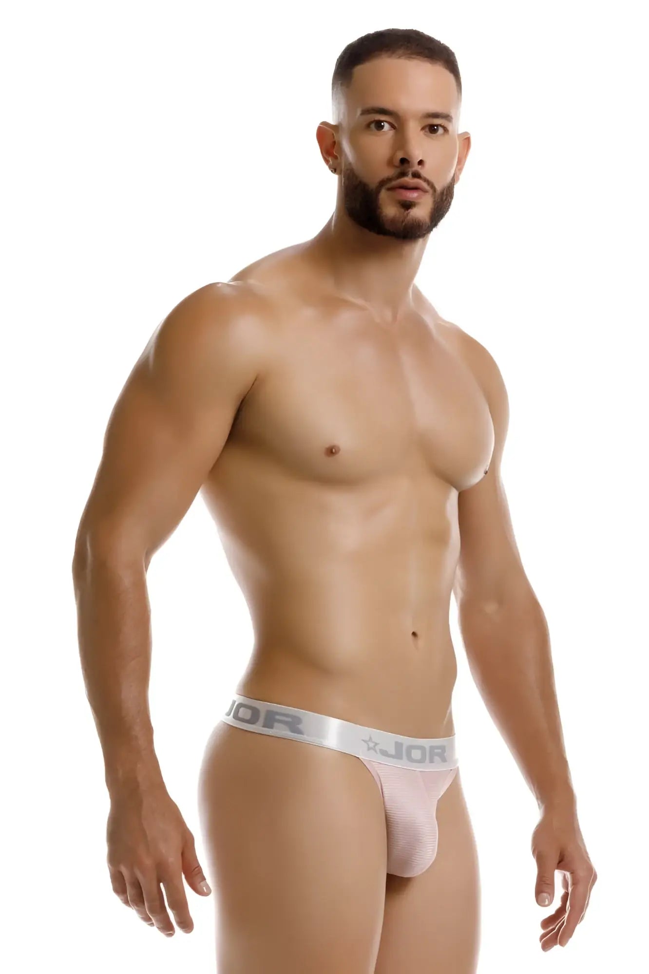 Pink jor 2253 bright thong briefs with silver waistband featuring jor logo and star emblem in front view