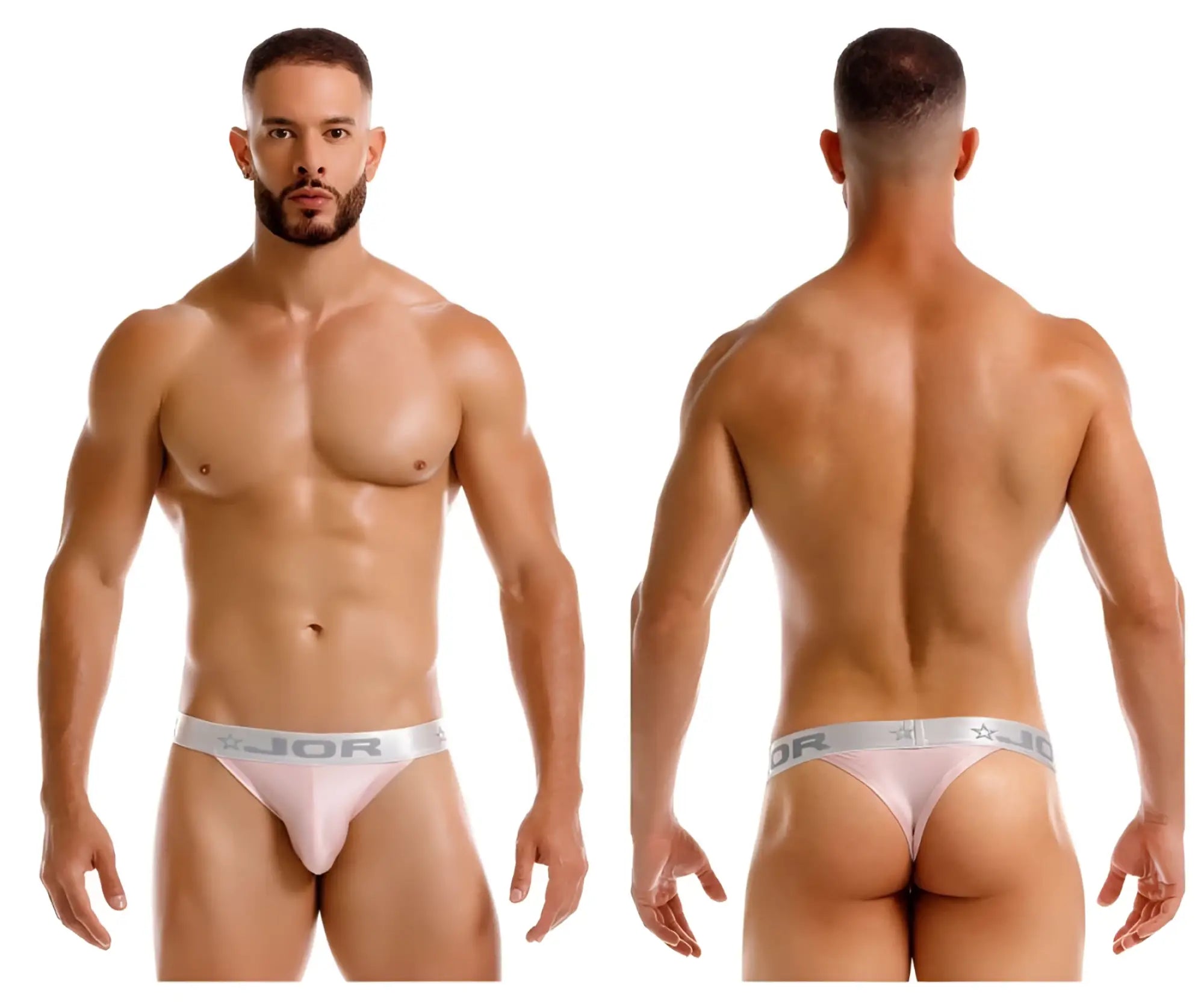 Light pink jor 2253 bright thong briefs with silver waistband featuring jor logo and star emblem visible from the back