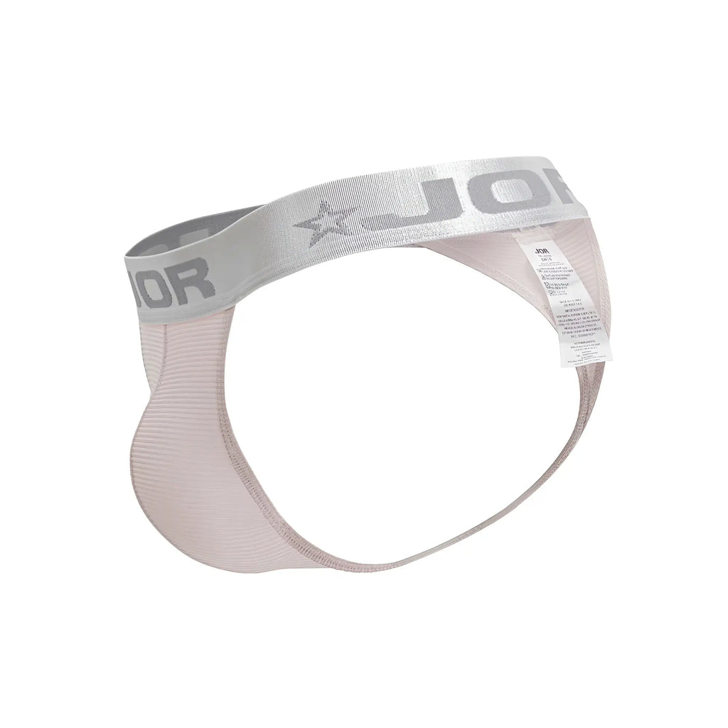 Light pink ribbed fabric brief with silver elastic waistband featuring jor logo and star emblem from jor 2253 bright thongs