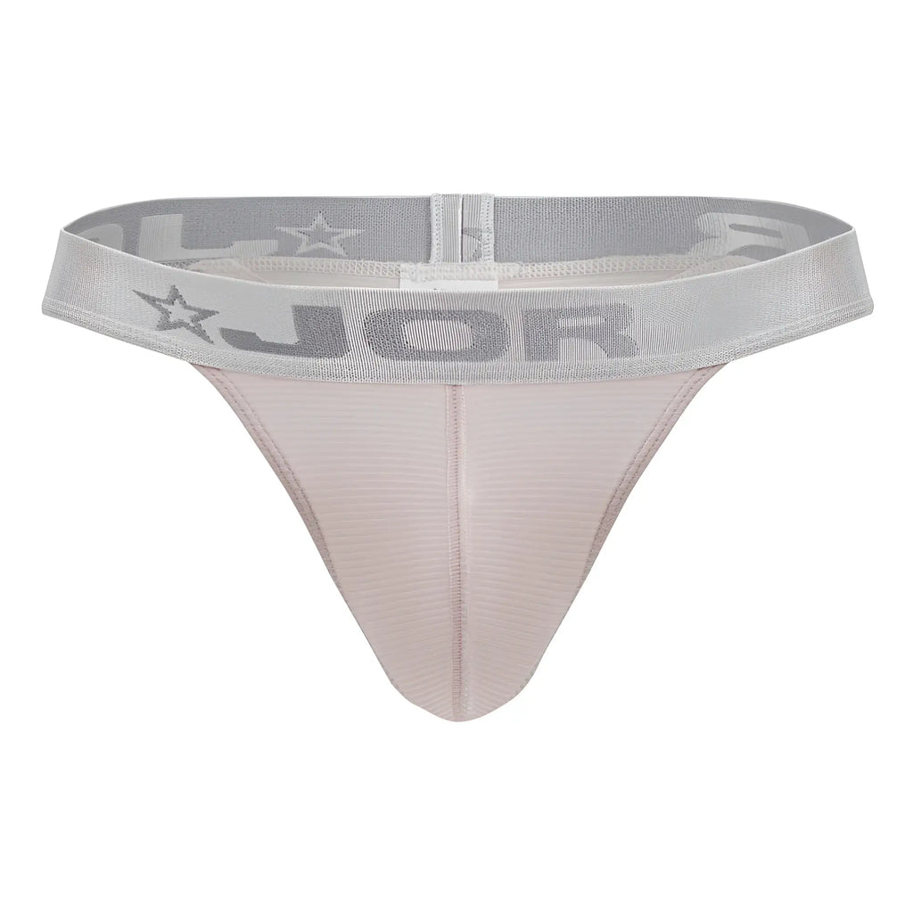 Light pink textured fabric thong with gray jor elastic waistband star logos front view bright thongs color pink