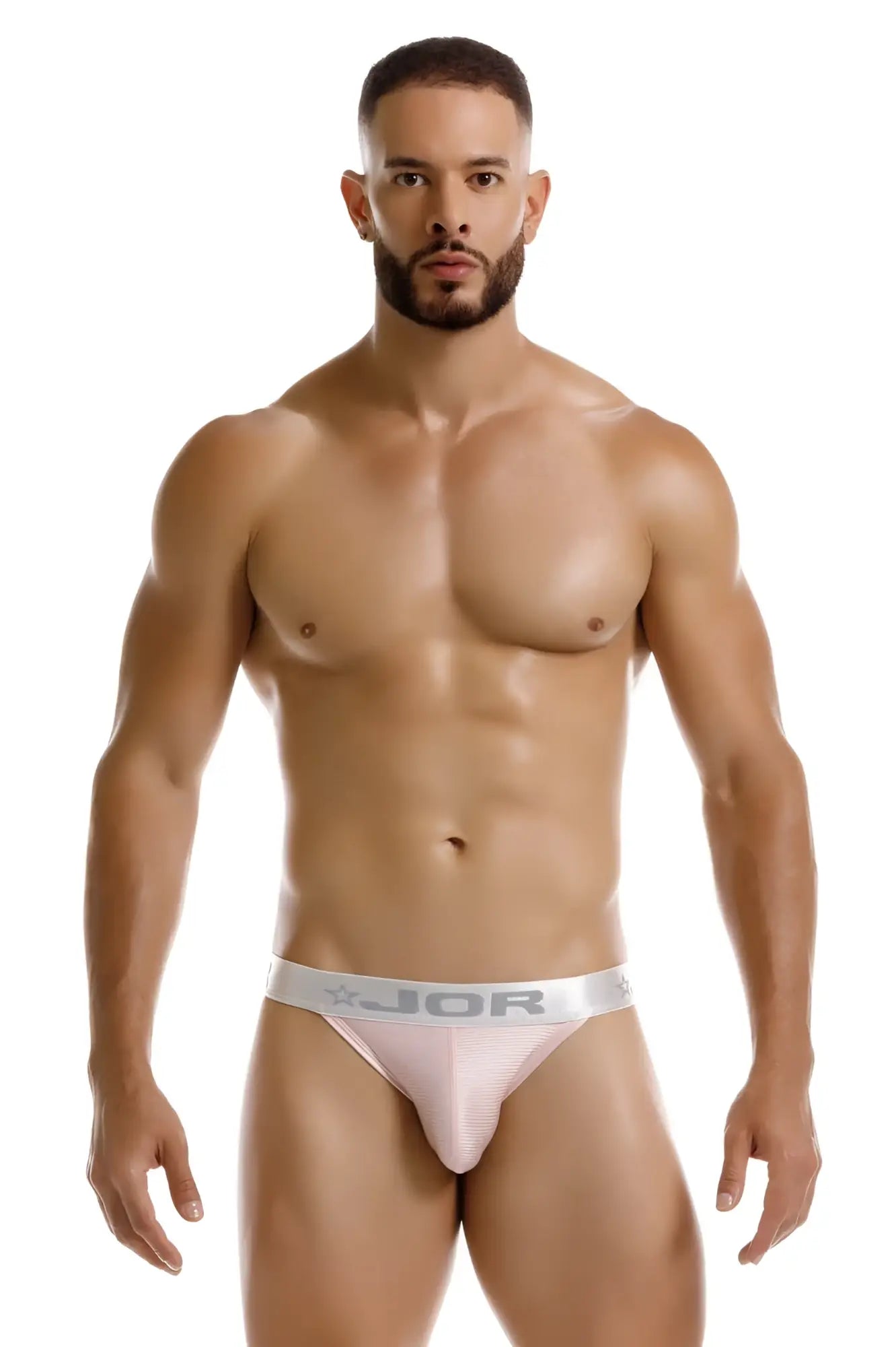 A sleek light pink jor 2253 bright thong with satin finish and silver waistband featuring the jor logo