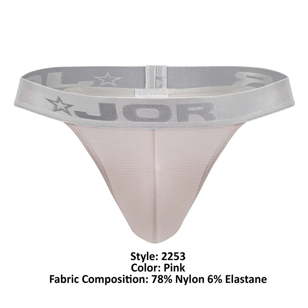 Pink jor 2253 bright thong with gray waistband featuring star and brand logo details shown from the back side