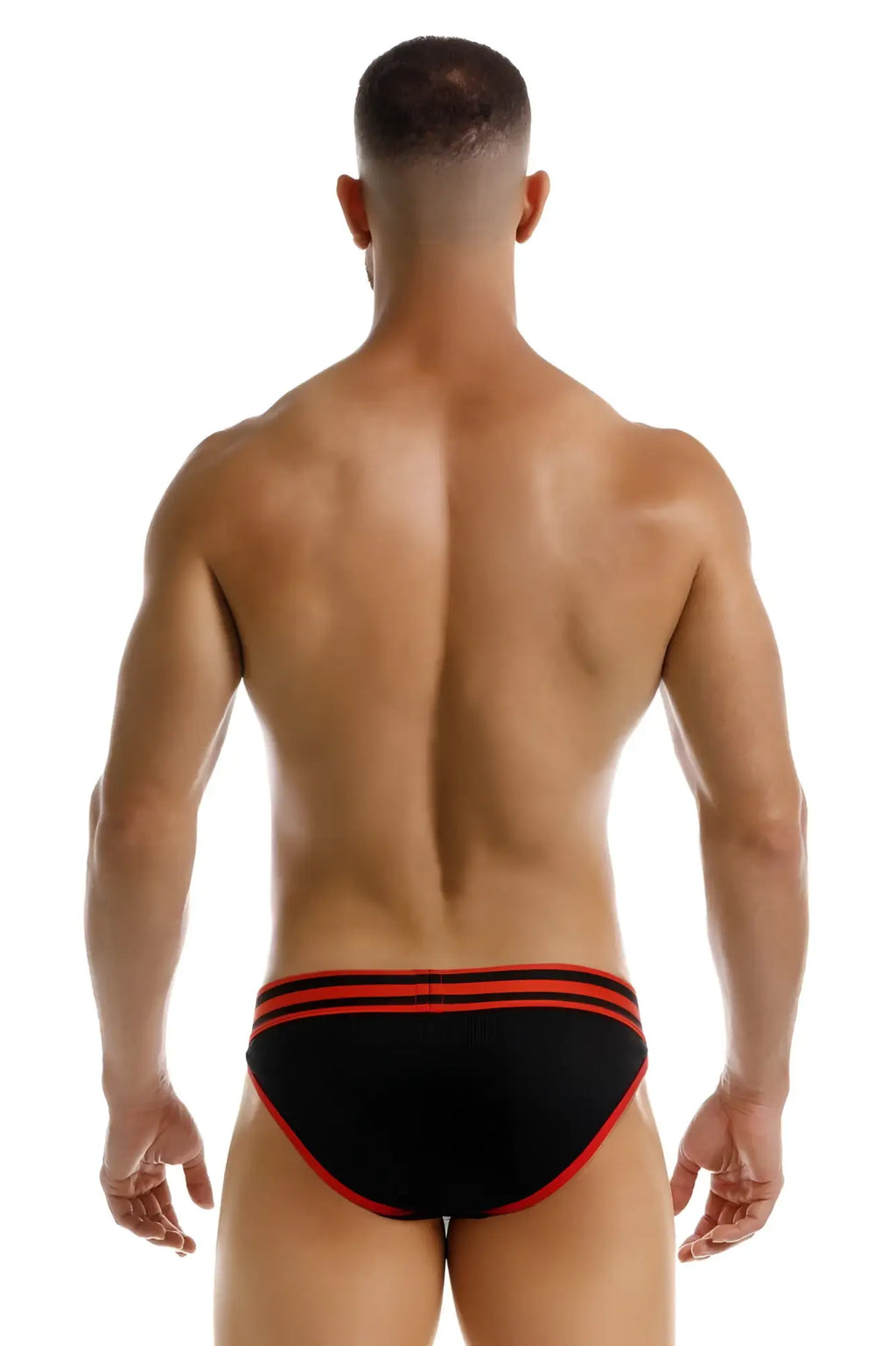 Black jor 2255 rush bikini briefs with bold red trim and three horizontal stripes on the waistband