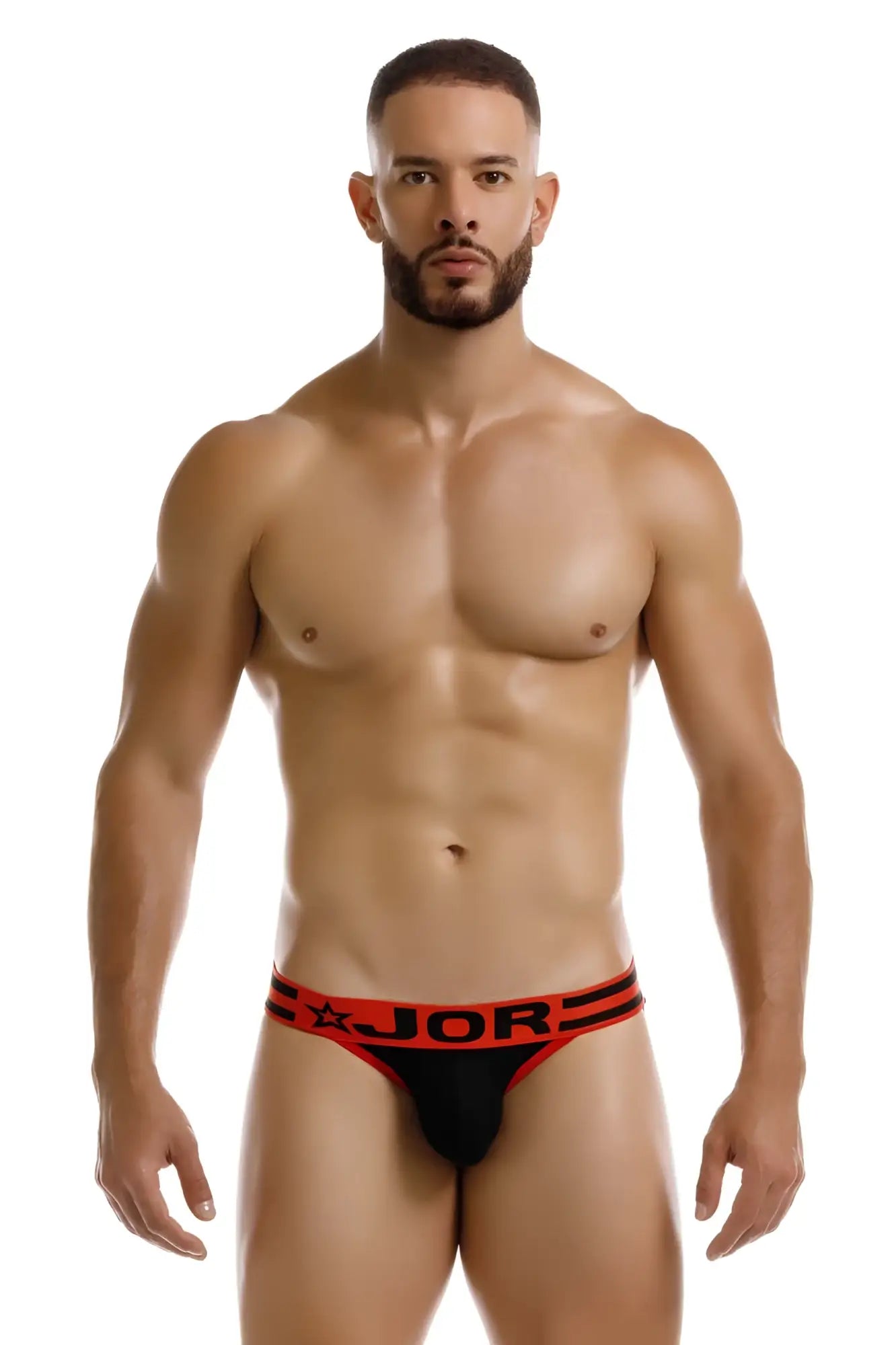 Black jor 2255 rush bikini briefs with red trim and star logo made from comfortable fabric