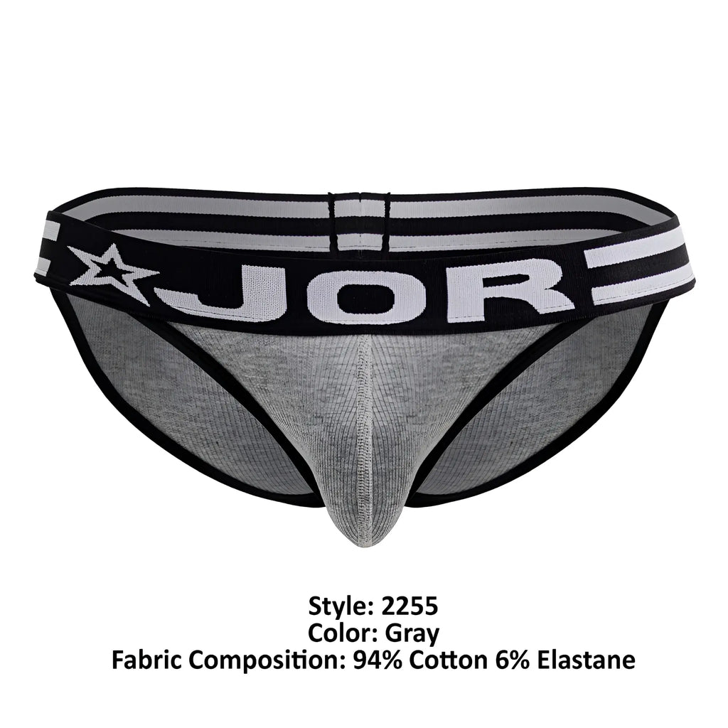 Gray jor 2255 rush bikini briefs with black trim and star logo on the waistband in front view