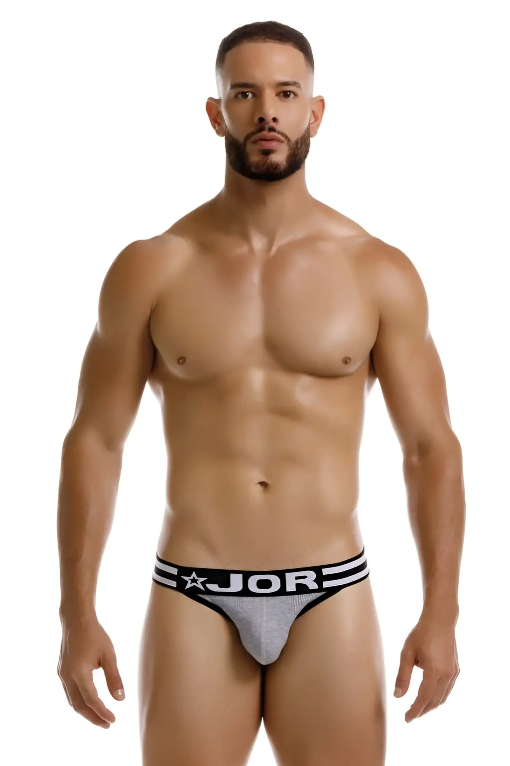 Jor 2255 rush bikini briefs in gray with black trim and white lettering designed for stylish comfort