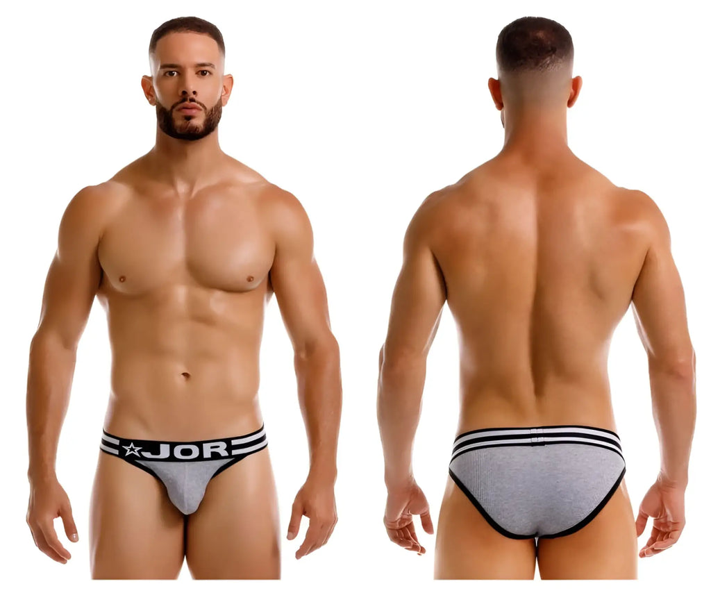 Gray jor 2255 rush bikini briefs with black trim and star logo on waistband in a comfortable fabric blend