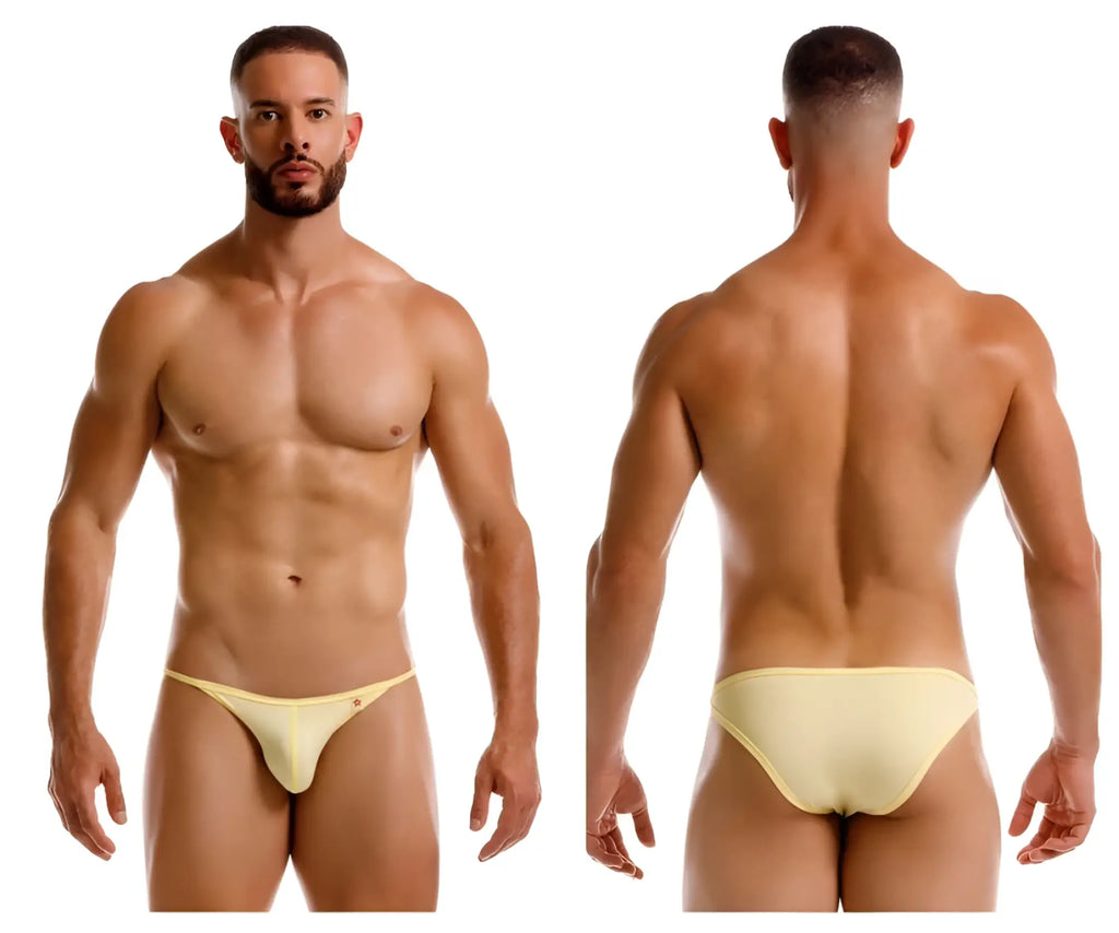 A pale yellow form-fitting brief style undergarment with a subtle red logo front jor 2257 axel bikini color yellow