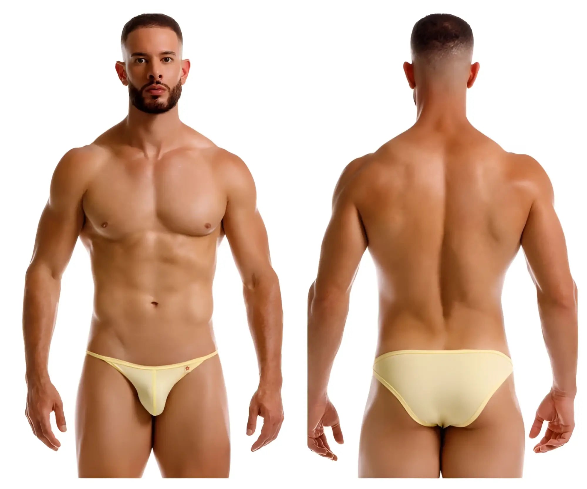 A pale yellow form-fitting brief style undergarment with a subtle red logo front jor 2257 axel bikini color yellow