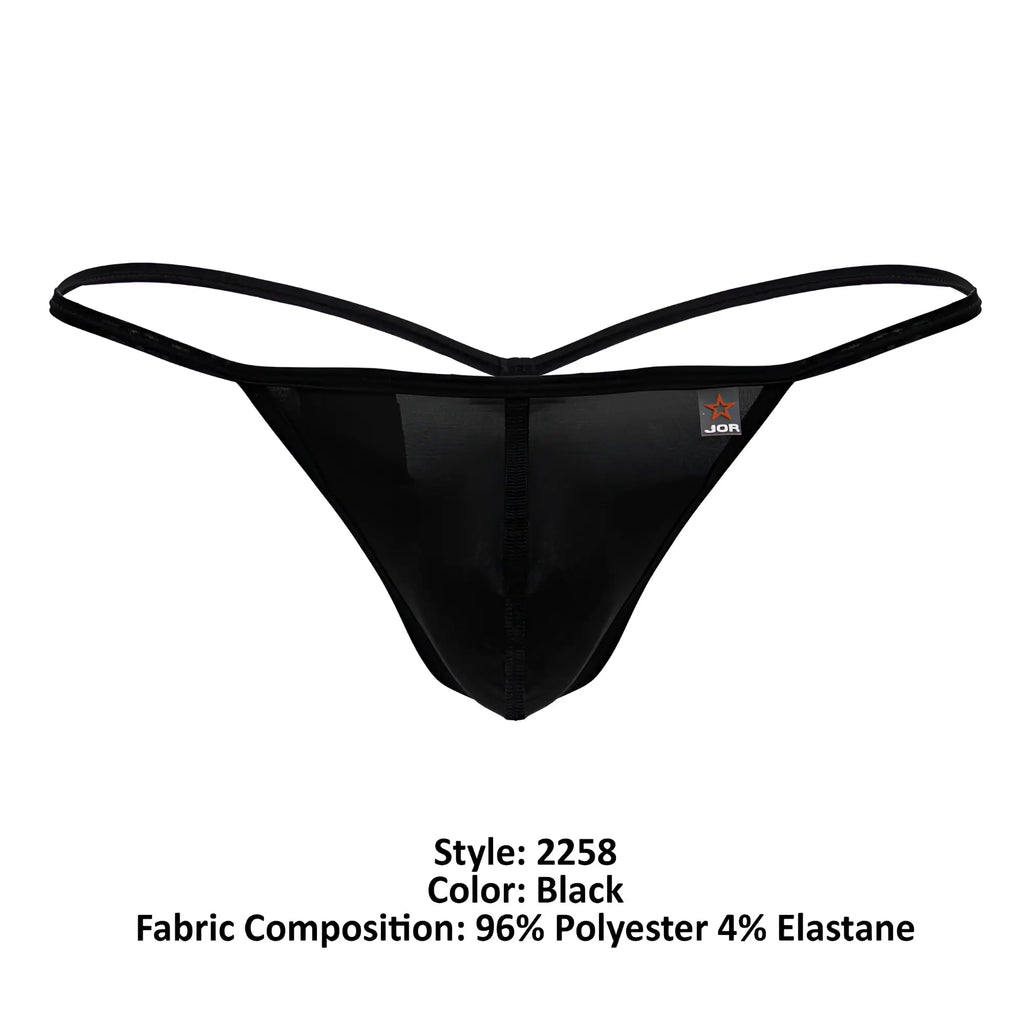 Black jor 2258 axel g-string thong with sheer mesh panel and thin crossed elastic straps shown from the back
