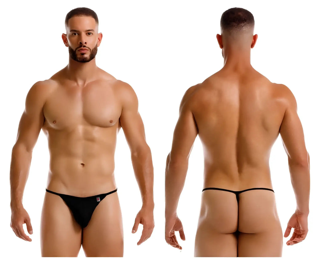 Black jor 2258 axel g-string thong with small red and white logo on the left hipband showing the back side