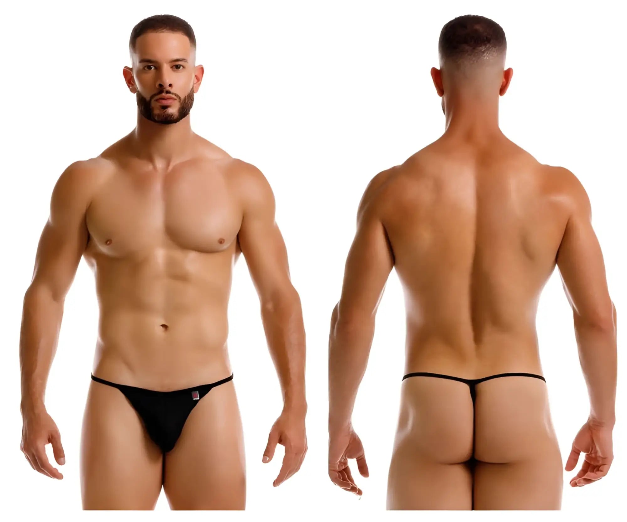 Black jor 2258 axel g-string thong with small red and white logo on the left hipband showing the back side