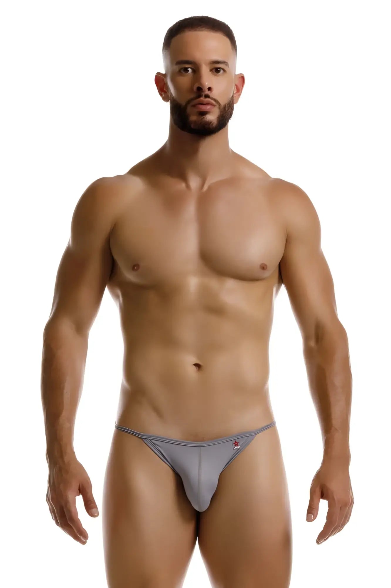 Gray jor 2258 axel g-string athletic briefs with subtle red and white logo on the left hip front side view