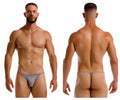 Gray jor 2258 axel g-string thong underwear with subtle pink logo on left hip front side