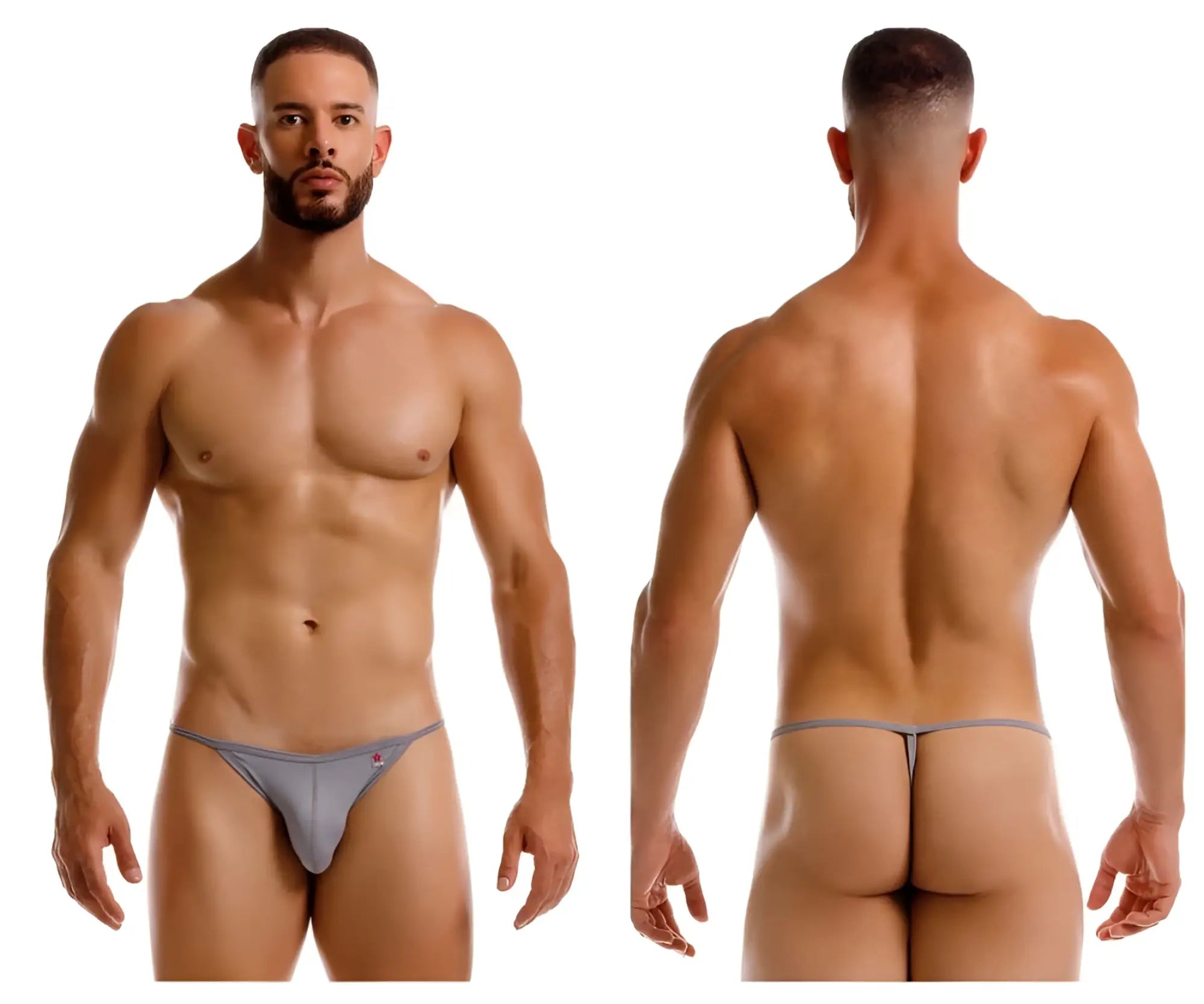 Gray jor 2258 axel g-string thong underwear with subtle pink logo on left hip front side