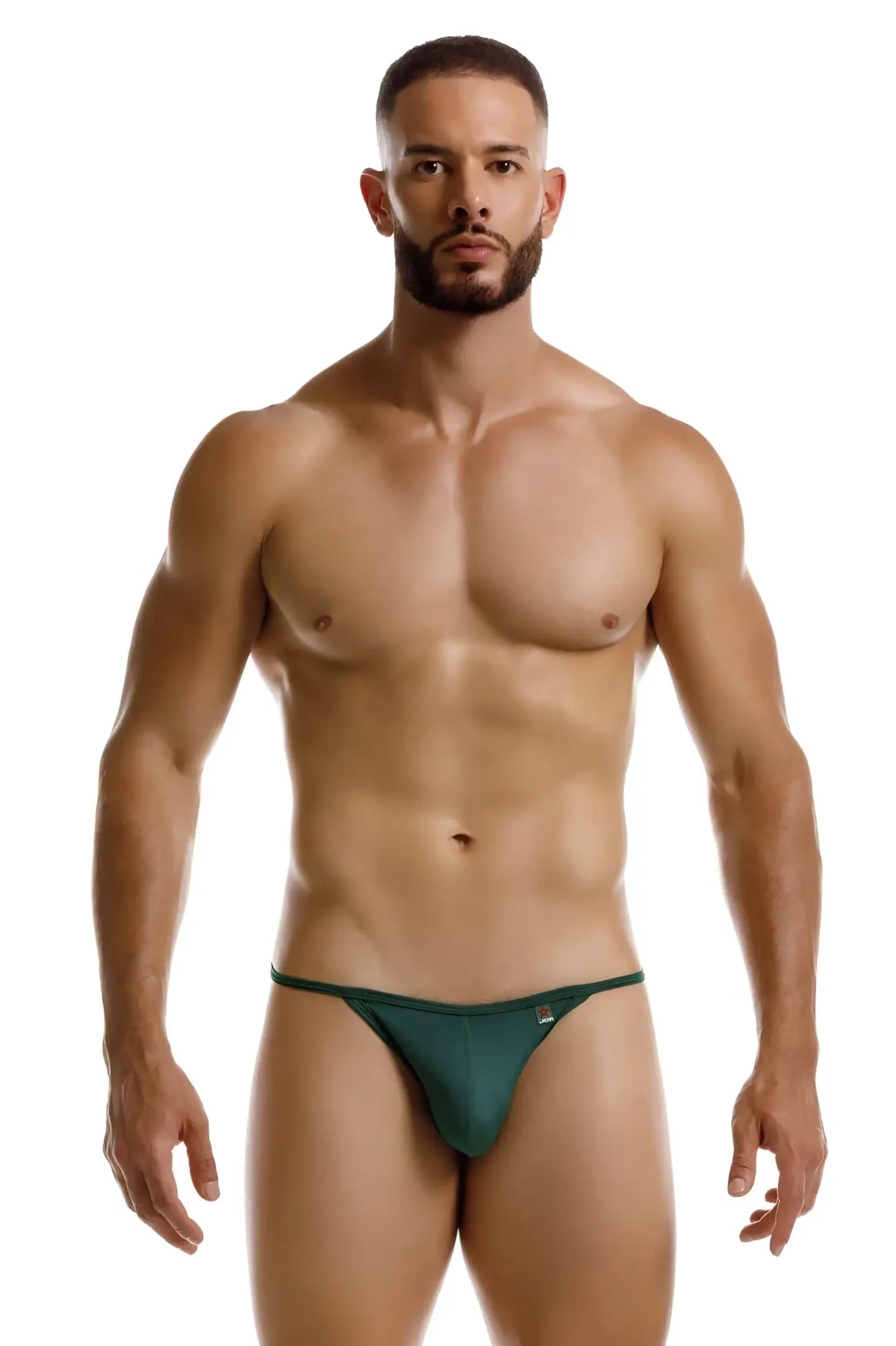 Dark green form-fitting JOR 2258 Axel g-string thong with small logo on the left hipband shown from the back side