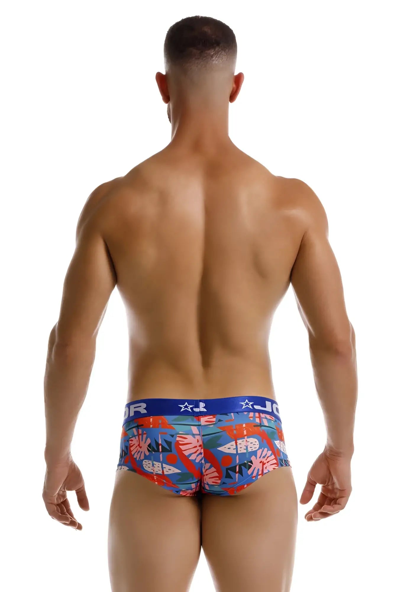 Blue and red tropical fish patterned men’s briefs with branded waistband jor 2269 south trunks color printed