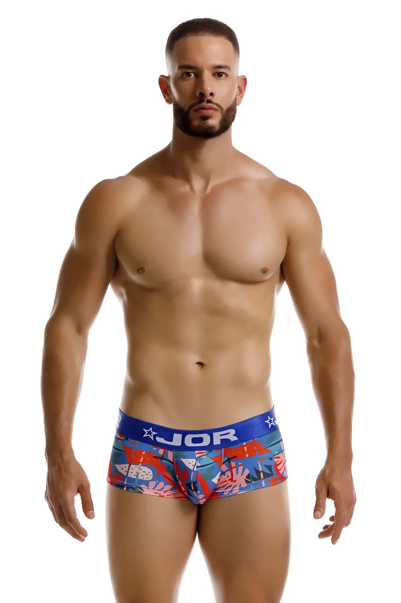 Blue and red tropical print briefs with jor branding on the waistband featured in jor 2269 south trunks color printed
