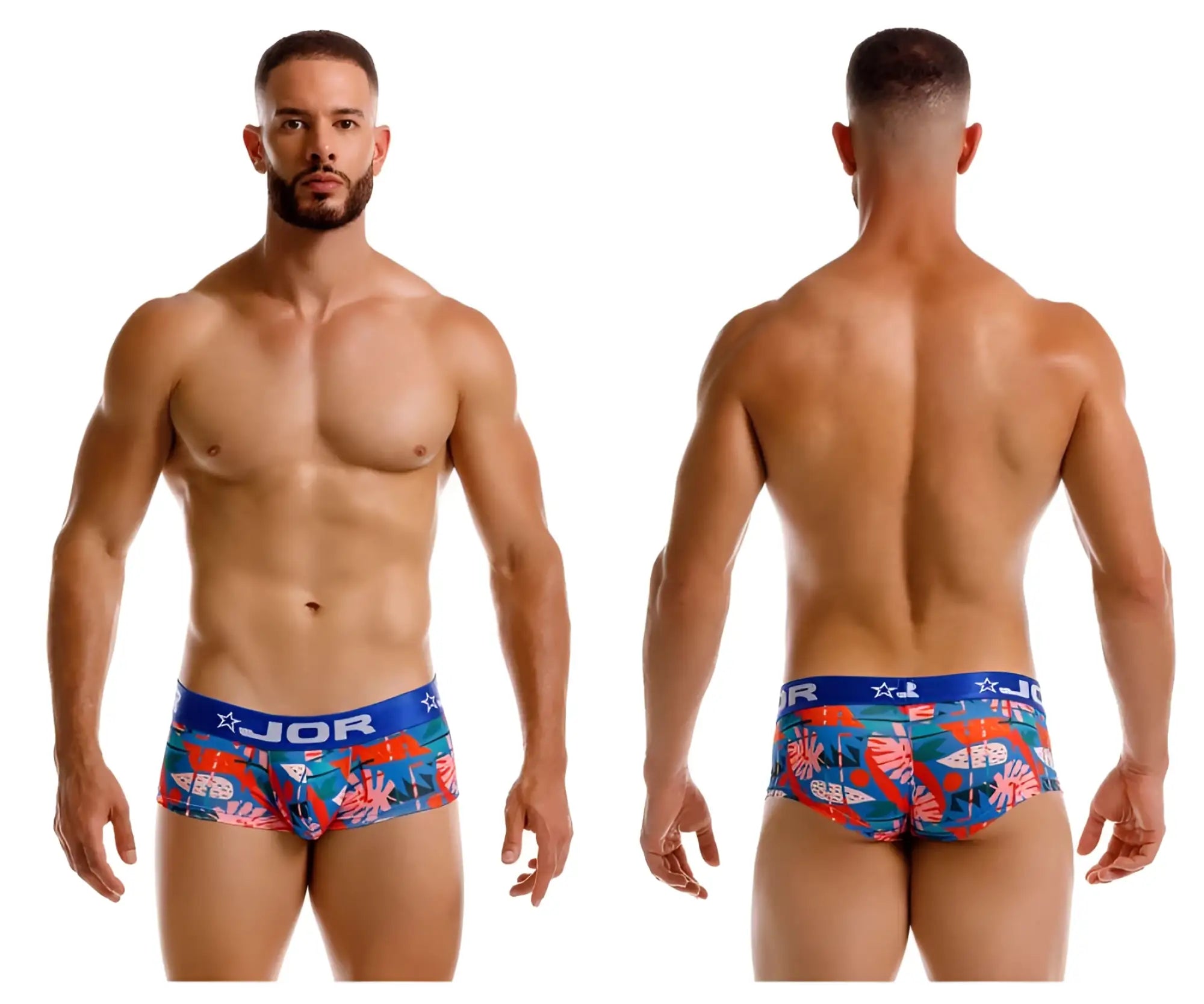 Jor 2269 south trunks color printed blue and red tropical print men’s briefs with star logo on waistband