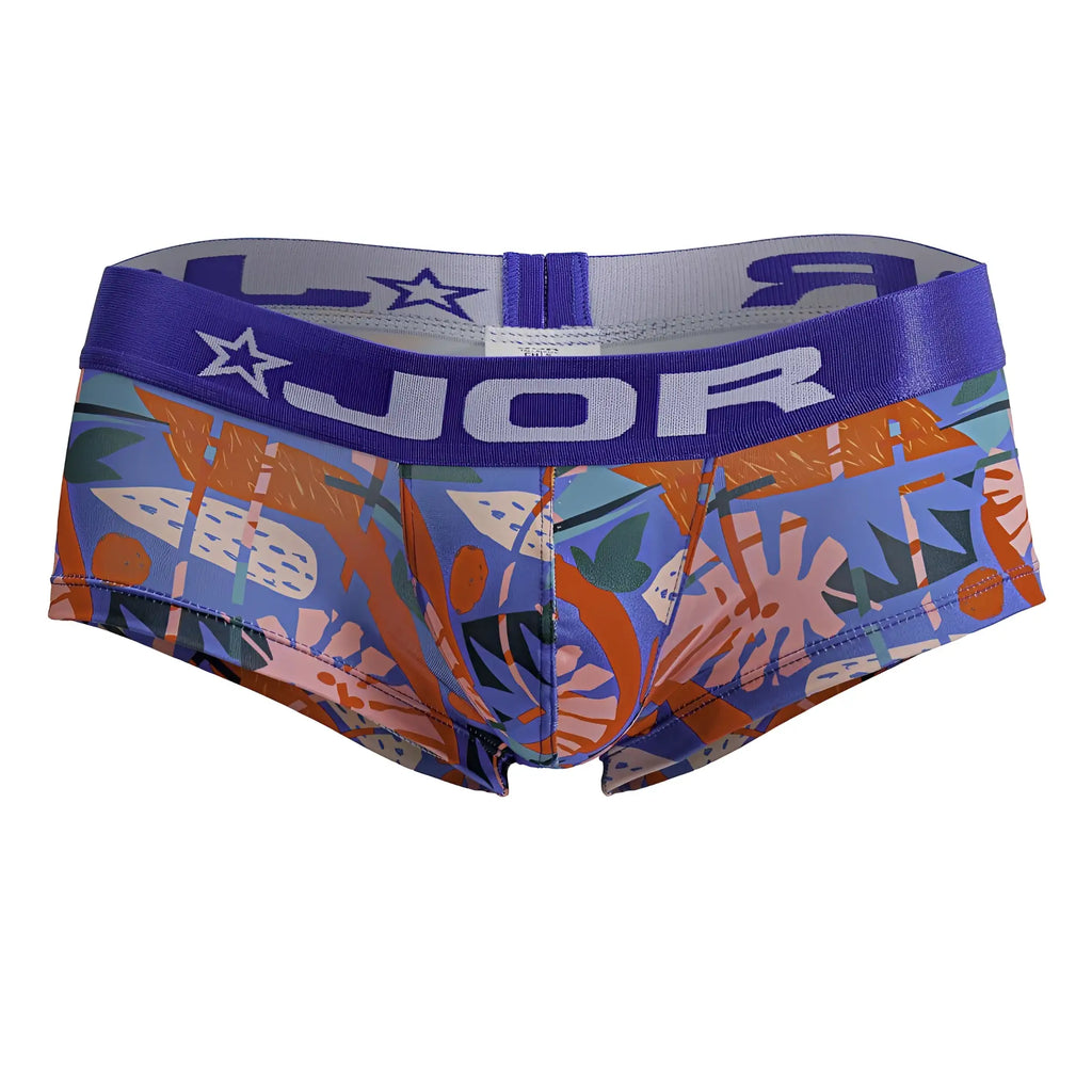 Jor 2269 south trunks color printed purple and blue patterned jor men’s briefs with tropical leaf and star designs